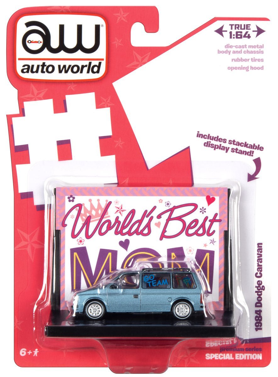 AUTO WORLD WORLDS BEST MOM 1984 DODGE CARAVAN W/BASE &amp; TRADING CARD (SILVER/BLUE) 1:64 SCALE DIECAST