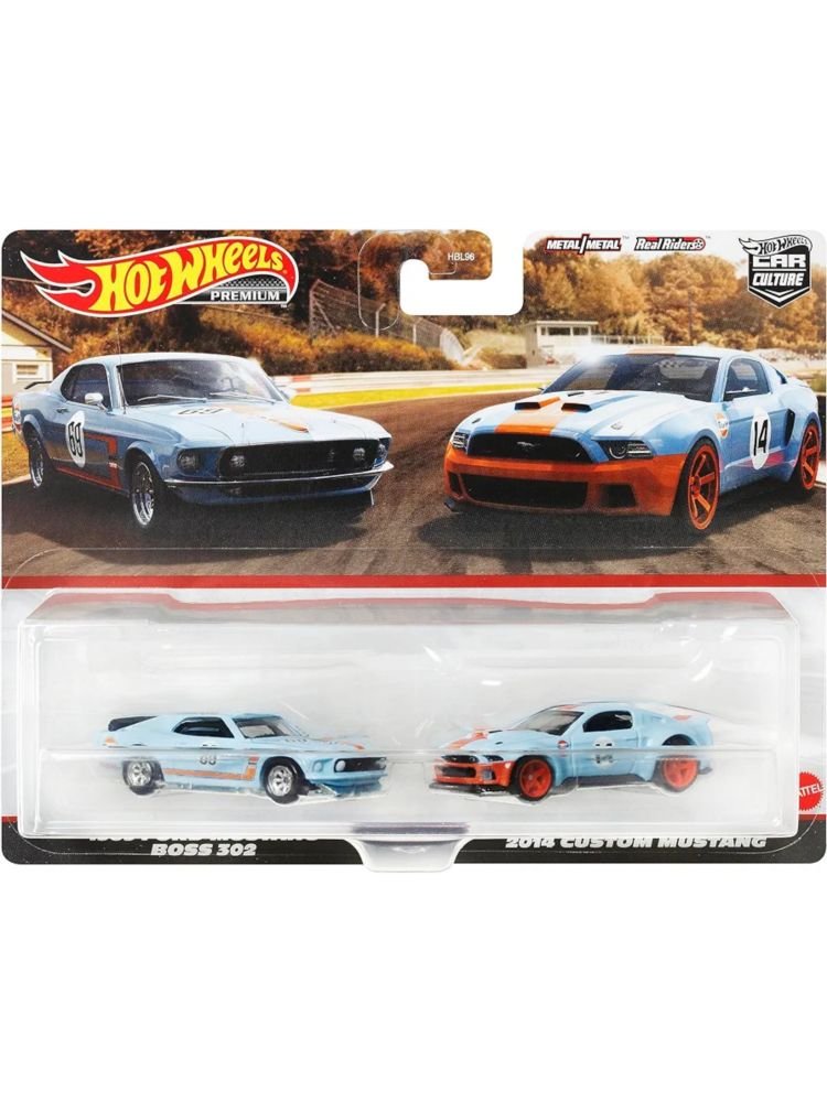 Hotwheels premium 2 pack 1969 ford Mustang boss 302 &amp; 2014 custom Mustang Gulf (Blister Damage )