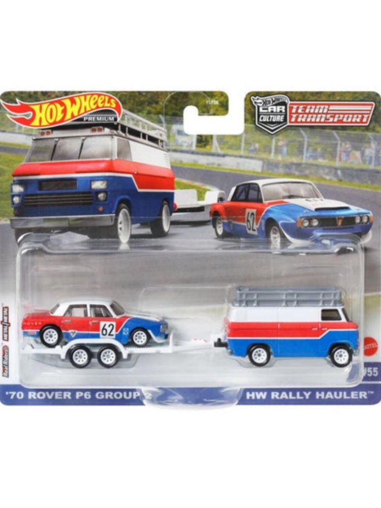 Hoteheels 70 Rover P6 Group 2 & HW Railly Hauler imported team transport 1:64 scale blister damaged car is mint condition