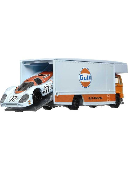 Hotwheels Team Transport Gulf Porsche 917 LH Fleet Flyer,1:64, imported