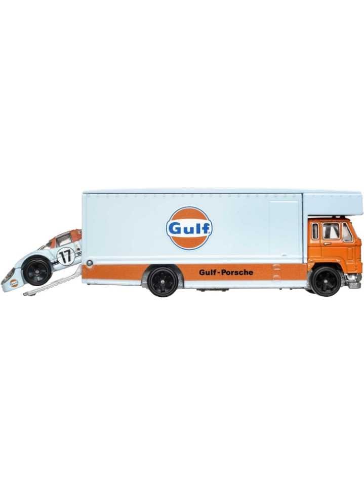 Hotwheels Team Transport Gulf Porsche 917 LH Fleet Flyer,1:64, imported