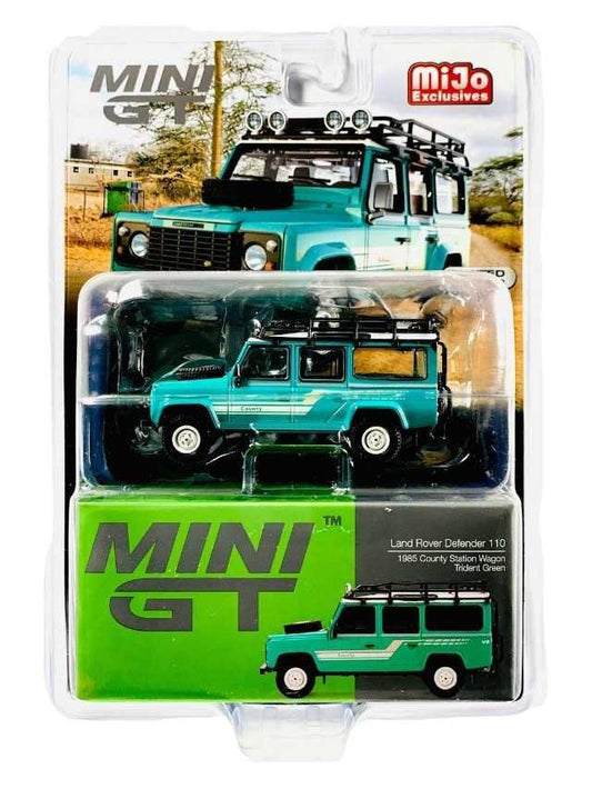 Mini GT land rover defender 110 1985 County station wagon trident green