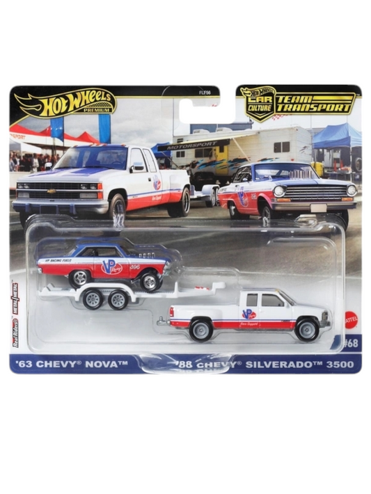 Hotwheels 63 Chevy Nova & '88 chevy silverado imported team transport 1:64 scale