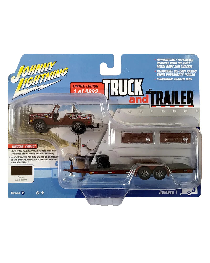 Johnny Lightning Truck And Trailer 1966 Ford Bronco with Open Car Trailer (Red)