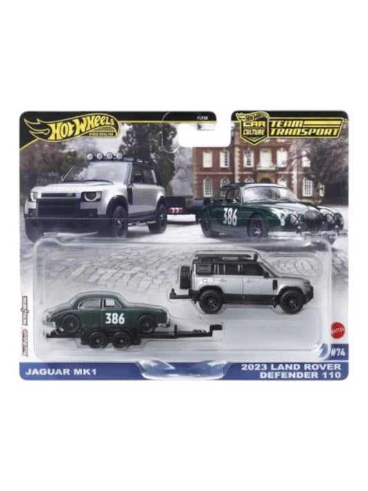 Hotwheels jaguar mk1 & 2023 land rover defender 110 imported team transport 1:64 scale (blister damage car mint condition)